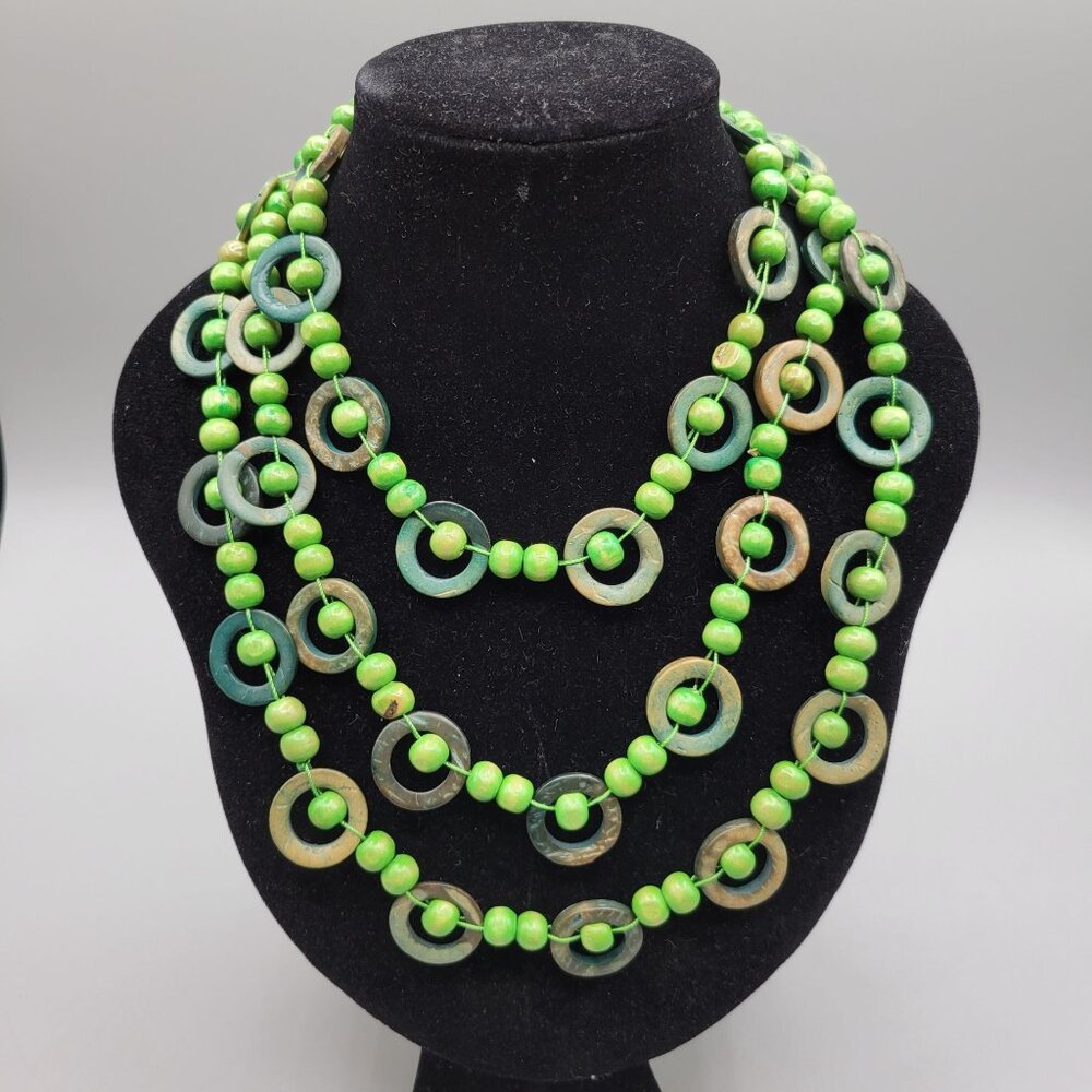Coconut Circles and Wooden Beaded Necklace 56 Inch Long